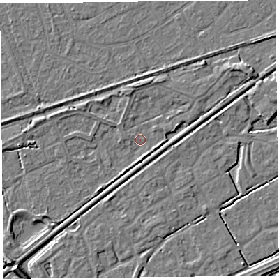 Shaded relief map of the ground around BS228AY, computed from Environment Agency LiDAR. The ground here sits at about 5 m above sea level and falls 7 m across the surrounding 800 m. Surface water reaching this point runs off ground lying to the south, 2.1 m higher.