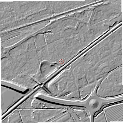 Shaded relief map of the ground around BS228BH, computed from Environment Agency LiDAR. The ground here sits at about 5 m above sea level and falls 9 m across the surrounding 800 m. Surface water reaching this point runs off ground lying to the south-west, 6.7 m higher.