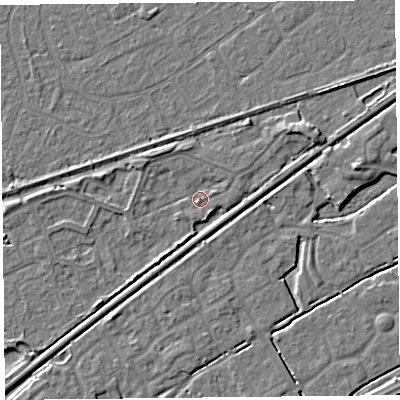 Shaded relief map of the ground around BS228BJ, computed from Environment Agency LiDAR. The ground here sits at about 6 m above sea level and falls 4 m across the surrounding 800 m. Surface water reaching this point runs off ground lying to the north-north-west, 1.6 m higher.