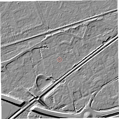 Shaded relief map of the ground around BS228BL, computed from Environment Agency LiDAR. The ground here sits at about 5 m above sea level and falls 9 m across the surrounding 800 m. Surface water reaching this point runs off ground lying to the south-south-west, 6.7 m higher.