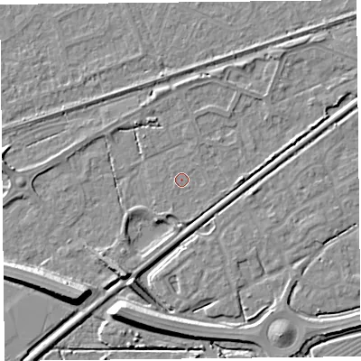 Shaded relief map of the ground around BS228BN, computed from Environment Agency LiDAR. The ground here sits at about 5 m above sea level and falls 9 m across the surrounding 800 m. Surface water reaching this point runs off ground lying to the south-south-west, 6.7 m higher.