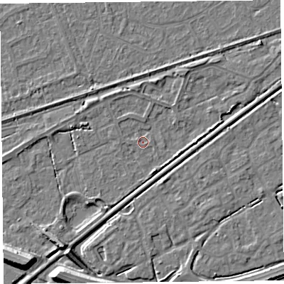 Shaded relief map of the ground around BS228DQ, computed from Environment Agency LiDAR. The ground here sits at about 5 m above sea level and falls 9 m across the surrounding 800 m. Surface water reaching this point runs off ground lying to the west-north-west, 0.9 m higher.