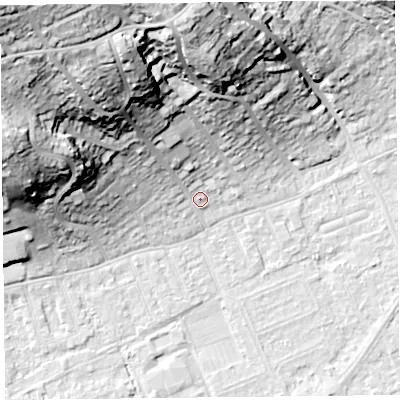 Shaded relief map of the ground around BS228DY, computed from Environment Agency LiDAR. The ground here sits at about 7 m above sea level and falls 50 m across the surrounding 800 m. Surface water reaching this point runs off ground lying to the north-west, 36.2 m higher.