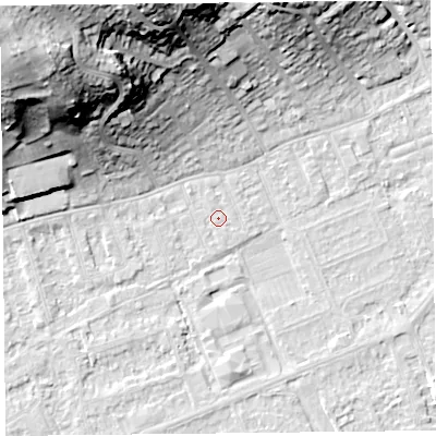 Shaded relief map of the ground around BS228EB, computed from Environment Agency LiDAR. The ground here sits at about 5 m above sea level and falls 38 m across the surrounding 800 m. The ground contributing surface water to this point lies to the north-north-west.