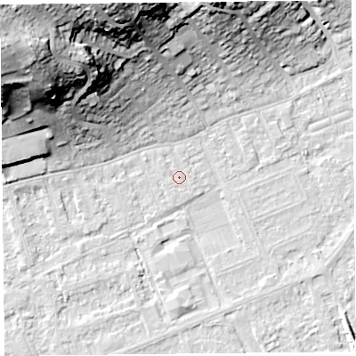 Shaded relief map of the ground around BS228ED, computed from Environment Agency LiDAR. The ground here sits at about 5 m above sea level and falls 38 m across the surrounding 800 m. Surface water reaching this point runs off ground lying to the north-west, 25.9 m higher.