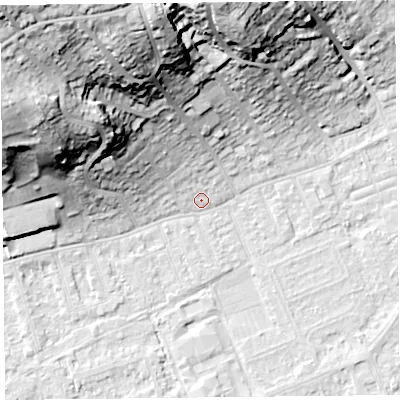 Shaded relief map of the ground around BS228EE, computed from Environment Agency LiDAR. The ground here sits at about 6 m above sea level and falls 45 m across the surrounding 800 m. Surface water reaching this point runs off ground lying to the north-west, 3.5 m higher.