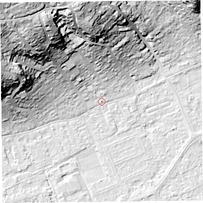 Shaded relief map of the ground around BS228EF, computed from Environment Agency LiDAR. The ground here sits at about 6 m above sea level and falls 45 m across the surrounding 800 m. Surface water reaching this point runs off ground lying to the north-west, 43.2 m higher.