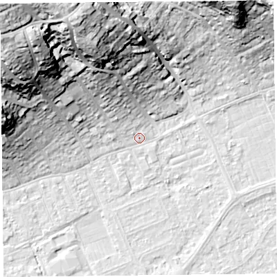 Shaded relief map of the ground around BS228EG, computed from Environment Agency LiDAR. The ground here sits at about 6 m above sea level and falls 43 m across the surrounding 800 m. Surface water reaching this point runs off ground lying to the north-west, 18.9 m higher.