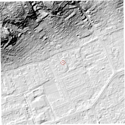 Shaded relief map of the ground around BS228EL, computed from Environment Agency LiDAR. The ground here sits at about 6 m above sea level and falls 39 m across the surrounding 800 m. Surface water reaching this point runs off ground lying to the north, 0.7 m higher.