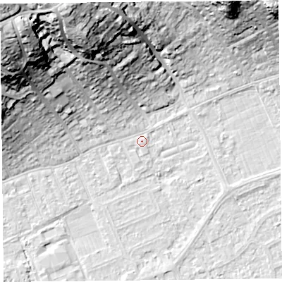Shaded relief map of the ground around BS228EN, computed from Environment Agency LiDAR. The ground here sits at about 6 m above sea level and falls 40 m across the surrounding 800 m. Surface water reaching this point runs off ground lying to the north-west, 19.0 m higher.