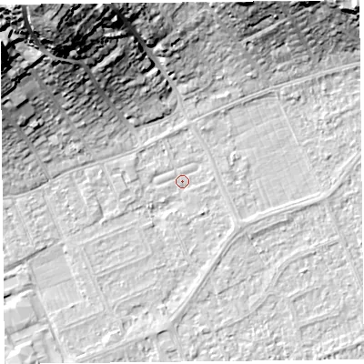 Shaded relief map of the ground around BS228EP, computed from Environment Agency LiDAR. The ground here sits at about 5 m above sea level and falls 34 m across the surrounding 800 m. Surface water reaching this point runs off ground lying to the south-east, 1.5 m higher.