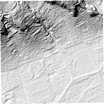Shaded relief map of the ground around BS228EQ, computed from Environment Agency LiDAR. The ground here sits at about 5 m above sea level and falls 42 m across the surrounding 800 m. Surface water reaching this point runs off ground lying to the north-west, 36.0 m higher.