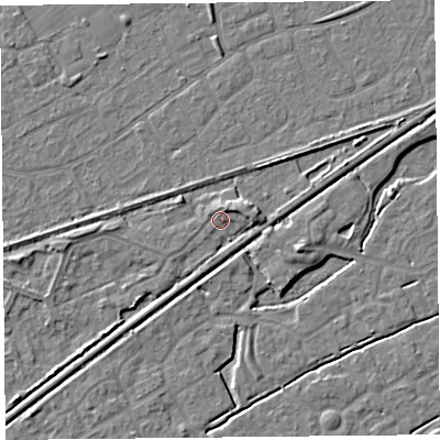 Shaded relief map of the ground around BS228ER, computed from Environment Agency LiDAR. The ground here sits at about 6 m above sea level and falls 4 m across the surrounding 800 m. Surface water reaching this point runs off ground lying to the east, 3.2 m higher.