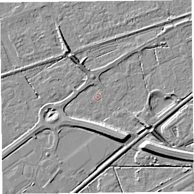 Shaded relief map of the ground around BS228EU, computed from Environment Agency LiDAR. The ground here sits at about 5 m above sea level and falls 9 m across the surrounding 800 m. Surface water reaching this point runs off ground lying to the south-south-east, 8.0 m higher.