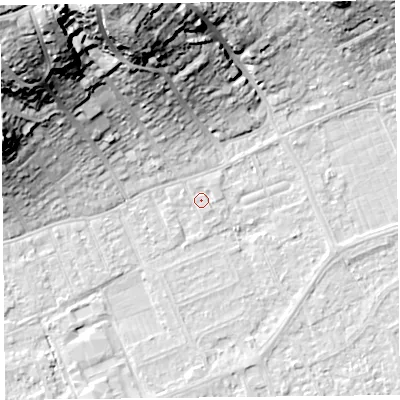 Shaded relief map of the ground around BS228EW, computed from Environment Agency LiDAR. The ground here sits at about 6 m above sea level and falls 40 m across the surrounding 800 m. The ground contributing surface water to this point lies to the west-north-west.