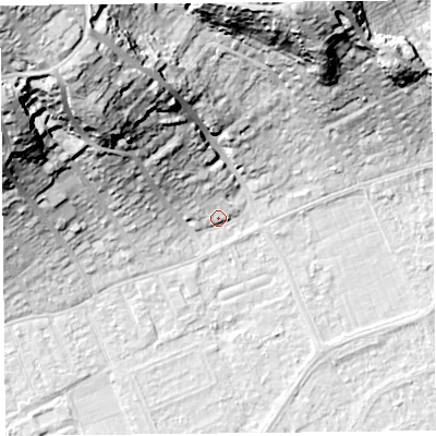 Shaded relief map of the ground around BS228EX, computed from Environment Agency LiDAR. The ground here sits at about 7 m above sea level and falls 45 m across the surrounding 800 m. Surface water reaching this point runs off ground lying to the north-west, 36.0 m higher.