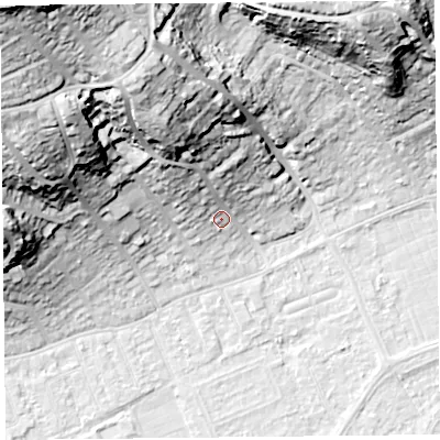 Shaded relief map of the ground around BS228EY, computed from Environment Agency LiDAR. The ground here sits at about 10 m above sea level and falls 54 m across the surrounding 800 m. Surface water reaching this point runs off ground lying to the north-north-west, 32.4 m higher.