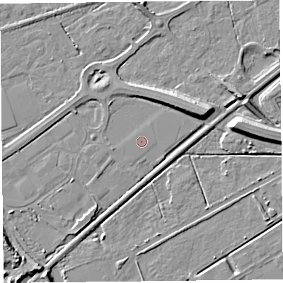 Shaded relief map of the ground around BS228FD, computed from Environment Agency LiDAR. The ground here sits at about 5 m above sea level and falls 9 m across the surrounding 800 m. The ground contributing surface water to this point lies to the north-west.