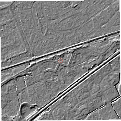 Shaded relief map of the ground around BS228GG, computed from Environment Agency LiDAR. The ground here sits at about 5 m above sea level and falls 4 m across the surrounding 800 m. Surface water reaching this point runs off ground lying to the north-east, 1.7 m higher.