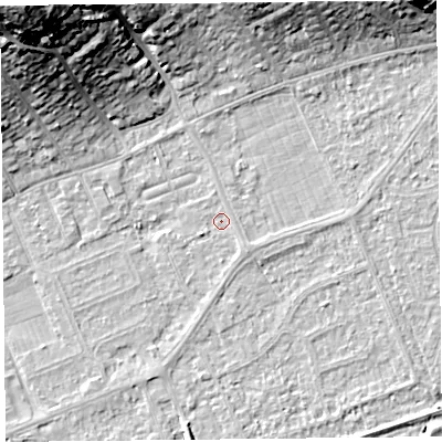 Shaded relief map of the ground around BS228HG, computed from Environment Agency LiDAR. The ground here sits at about 5 m above sea level and falls 31 m across the surrounding 800 m. Surface water reaching this point runs off ground lying to the east-south-east, 0.6 m higher.