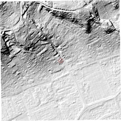 Shaded relief map of the ground around BS228HJ, computed from Environment Agency LiDAR. The ground here sits at about 9 m above sea level and falls 49 m across the surrounding 800 m. Surface water reaching this point runs off ground lying to the north-west, 34.4 m higher.