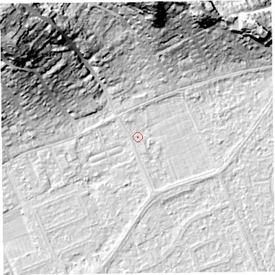 Shaded relief map of the ground around BS228HQ, computed from Environment Agency LiDAR. The ground here sits at about 5 m above sea level and falls 36 m across the surrounding 800 m. Surface water reaching this point runs off ground lying to the north, 28.5 m higher.