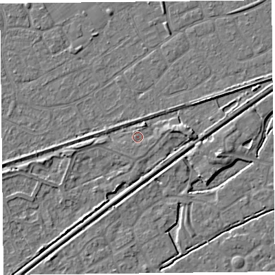 Shaded relief map of the ground around BS228HX, computed from Environment Agency LiDAR. The ground here sits at about 6 m above sea level and falls 4 m across the surrounding 800 m. Surface water reaching this point runs off ground lying to the south-east, 0.7 m higher.