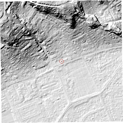 Shaded relief map of the ground around BS228JA, computed from Environment Agency LiDAR. The ground here sits at about 6 m above sea level and falls 38 m across the surrounding 800 m. Surface water reaching this point runs off ground lying to the north, 35.8 m higher.