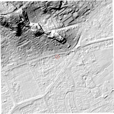 Shaded relief map of the ground around BS228JN, computed from Environment Agency LiDAR. The ground here sits at about 6 m above sea level and falls 37 m across the surrounding 800 m. Surface water reaching this point runs off ground lying to the north-east, 1.2 m higher.