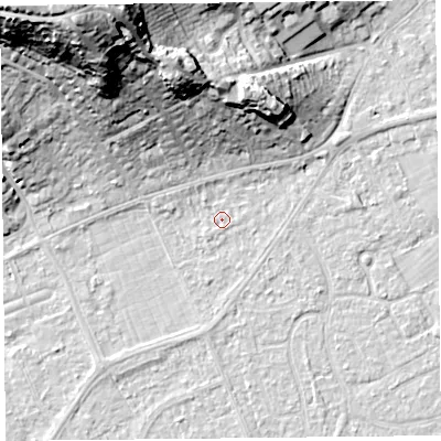Shaded relief map of the ground around BS228JP, computed from Environment Agency LiDAR. The ground here sits at about 6 m above sea level and falls 37 m across the surrounding 800 m. Surface water reaching this point runs off ground lying to the north-north-east, 1.4 m higher.