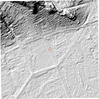 Shaded relief map of the ground around BS228JR, computed from Environment Agency LiDAR. The ground here sits at about 5 m above sea level and falls 33 m across the surrounding 800 m. Surface water reaching this point runs off ground lying to the north-north-west, 31.2 m higher.