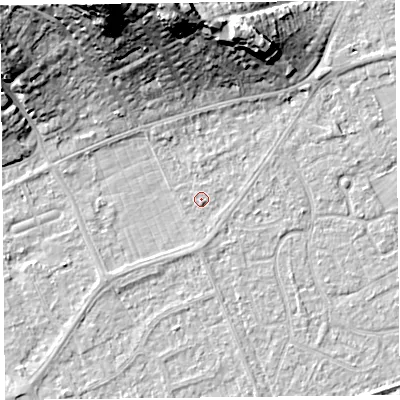 Shaded relief map of the ground around BS228JS, computed from Environment Agency LiDAR. The ground here sits at about 6 m above sea level and falls 29 m across the surrounding 800 m. Surface water reaching this point runs off ground lying to the south, 0.8 m higher.