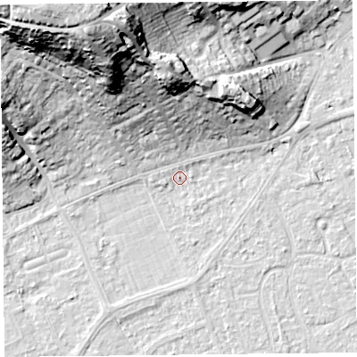 Shaded relief map of the ground around BS228JW, computed from Environment Agency LiDAR. The ground here sits at about 6 m above sea level and falls 37 m across the surrounding 800 m. Surface water reaching this point runs off ground lying to the north-north-west, 35.6 m higher.