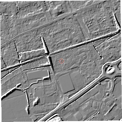 Shaded relief map of the ground around BS228LD, computed from Environment Agency LiDAR. The ground here sits at about 5 m above sea level and falls 7 m across the surrounding 800 m. Surface water reaching this point runs off ground lying to the east-north-east, 6.5 m higher.