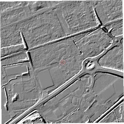 Shaded relief map of the ground around BS228LE, computed from Environment Agency LiDAR. The ground here sits at about 5 m above sea level and falls 9 m across the surrounding 800 m. Surface water reaching this point runs off ground lying to the north-east, 7.1 m higher.