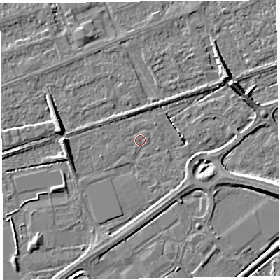 Shaded relief map of the ground around BS228LF, computed from Environment Agency LiDAR. The ground here sits at about 5 m above sea level and falls 7 m across the surrounding 800 m. Surface water reaching this point runs off ground lying to the west, 6.7 m higher.