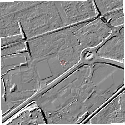 Shaded relief map of the ground around BS228LG, computed from Environment Agency LiDAR. The ground here sits at about 5 m above sea level and falls 10 m across the surrounding 800 m. Surface water reaching this point runs off ground lying to the south, 1.9 m higher.
