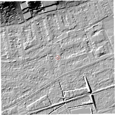 Shaded relief map of the ground around BS228LH, computed from Environment Agency LiDAR. The ground here sits at about 5 m above sea level and falls 19 m across the surrounding 800 m. Surface water reaching this point runs off ground lying to the north-west, 18.1 m higher.