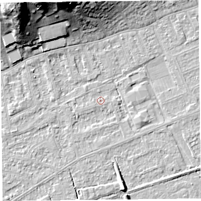 Shaded relief map of the ground around BS228LJ, computed from Environment Agency LiDAR. The ground here sits at about 5 m above sea level and falls 28 m across the surrounding 800 m. Surface water reaching this point runs off ground lying to the east-south-east, 2.4 m higher.