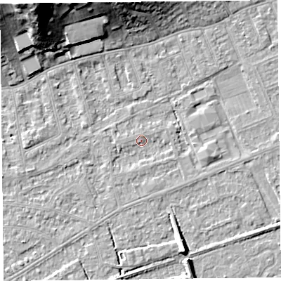 Shaded relief map of the ground around BS228LL, computed from Environment Agency LiDAR. The ground here sits at about 5 m above sea level and falls 26 m across the surrounding 800 m. Surface water reaching this point runs off ground lying to the south, 1.0 m higher.