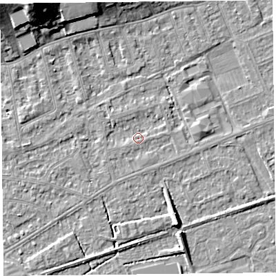 Shaded relief map of the ground around BS228LN, computed from Environment Agency LiDAR. The ground here sits at about 5 m above sea level and falls 17 m across the surrounding 800 m. Surface water reaching this point runs off ground lying to the south, 1.0 m higher.