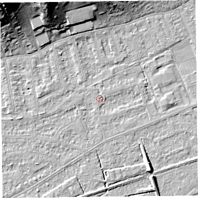 Shaded relief map of the ground around BS228LP, computed from Environment Agency LiDAR. The ground here sits at about 5 m above sea level and falls 24 m across the surrounding 800 m. Surface water reaching this point runs off ground lying to the north-west, 23.5 m higher.