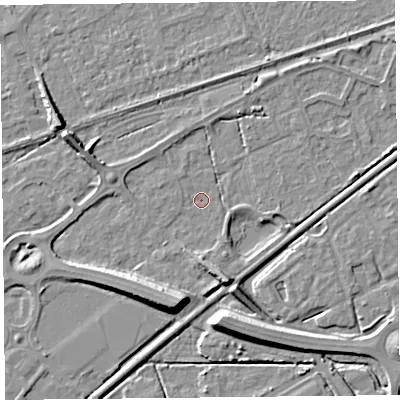 Shaded relief map of the ground around BS228LQ, computed from Environment Agency LiDAR. The ground here sits at about 5 m above sea level and falls 9 m across the surrounding 800 m. Surface water reaching this point runs off ground lying to the south-south-west, 8.1 m higher.