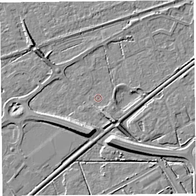 Shaded relief map of the ground around BS228LR, computed from Environment Agency LiDAR. The ground here sits at about 5 m above sea level and falls 9 m across the surrounding 800 m. Surface water reaching this point runs off ground lying to the south-south-east, 4.2 m higher.