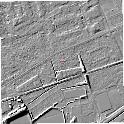 Shaded relief map of the ground around BS228LS, computed from Environment Agency LiDAR. The ground here sits at about 5 m above sea level and falls 7 m across the surrounding 800 m. Surface water reaching this point runs off ground lying to the east-south-east, 5.0 m higher.