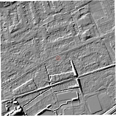 Shaded relief map of the ground around BS228LT, computed from Environment Agency LiDAR. The ground here sits at about 5 m above sea level and falls 7 m across the surrounding 800 m. The ground contributing surface water to this point lies to the south-west.