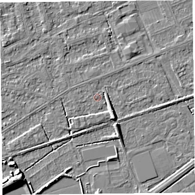Shaded relief map of the ground around BS228LU, computed from Environment Agency LiDAR. The ground here sits at about 5 m above sea level and falls 8 m across the surrounding 800 m. Surface water reaching this point runs off ground lying to the south-east, 6.3 m higher.