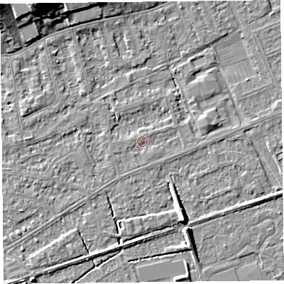 Shaded relief map of the ground around BS228LW, computed from Environment Agency LiDAR. The ground here sits at about 5 m above sea level and falls 12 m across the surrounding 800 m. Surface water reaching this point runs off ground lying to the south-east, 0.8 m higher.