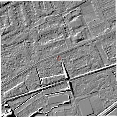 Shaded relief map of the ground around BS228LX, computed from Environment Agency LiDAR. The ground here sits at about 5 m above sea level and falls 8 m across the surrounding 800 m. Surface water reaching this point runs off ground lying to the south-south-east, 6.3 m higher.