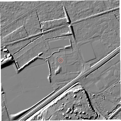 Shaded relief map of the ground around BS228LY, computed from Environment Agency LiDAR. The ground here sits at about 5 m above sea level and falls 11 m across the surrounding 800 m. Surface water reaching this point runs off ground lying to the south, 1.6 m higher.